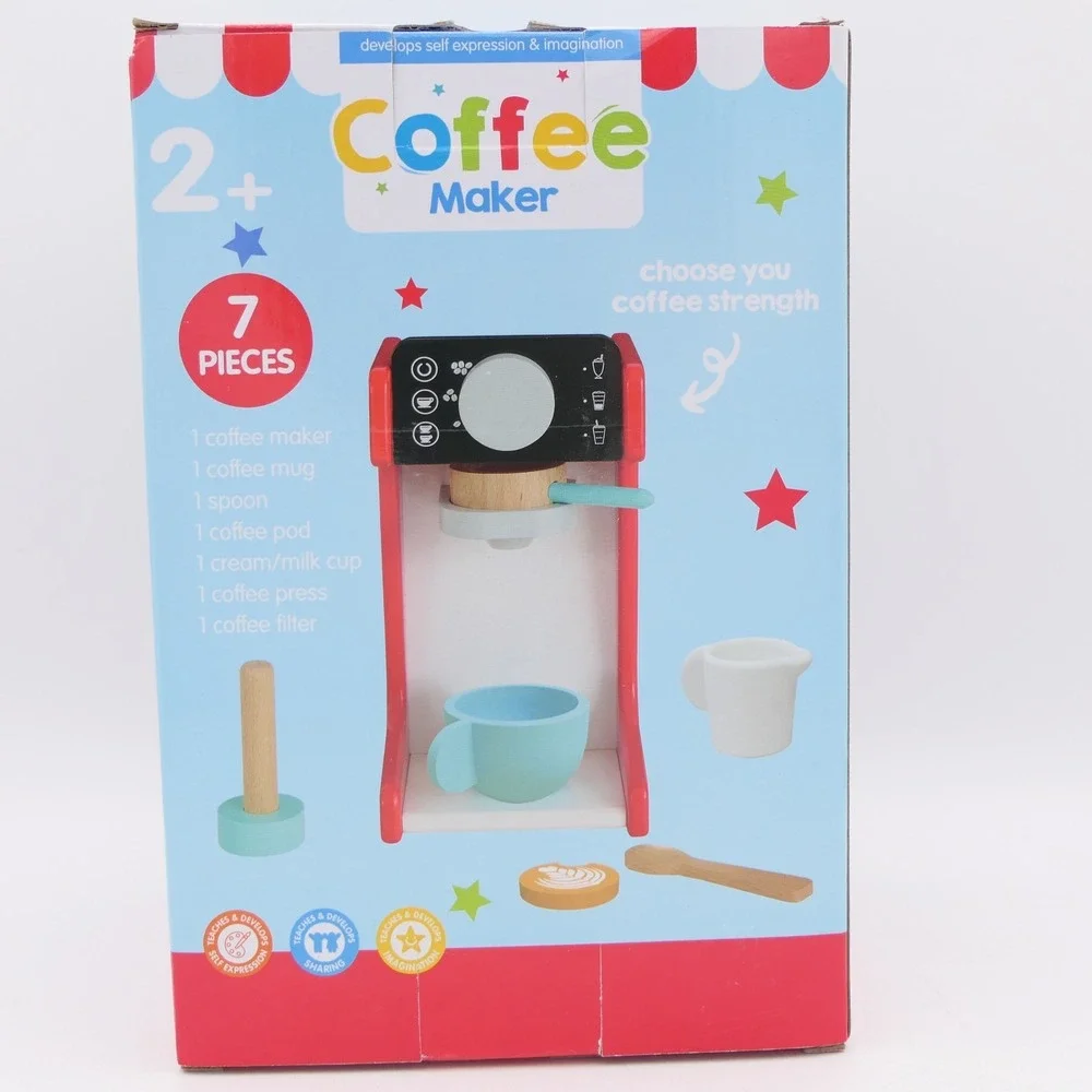 PlayRight Coffee Maker Wooden Toy Set w/ Removable Coffee Filter 7 Pcs Ages 2+